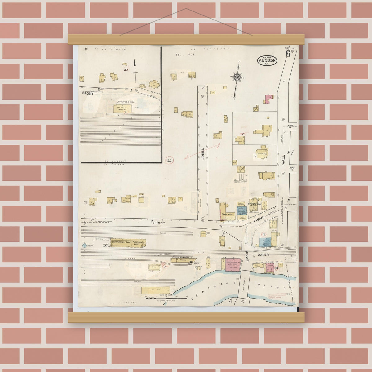 Old map wall art mockup — magnetic wood frame on brick wall — Sanborn Fire Insurance Map from Addison, Steuben County, New York (1945), Sheet #0006