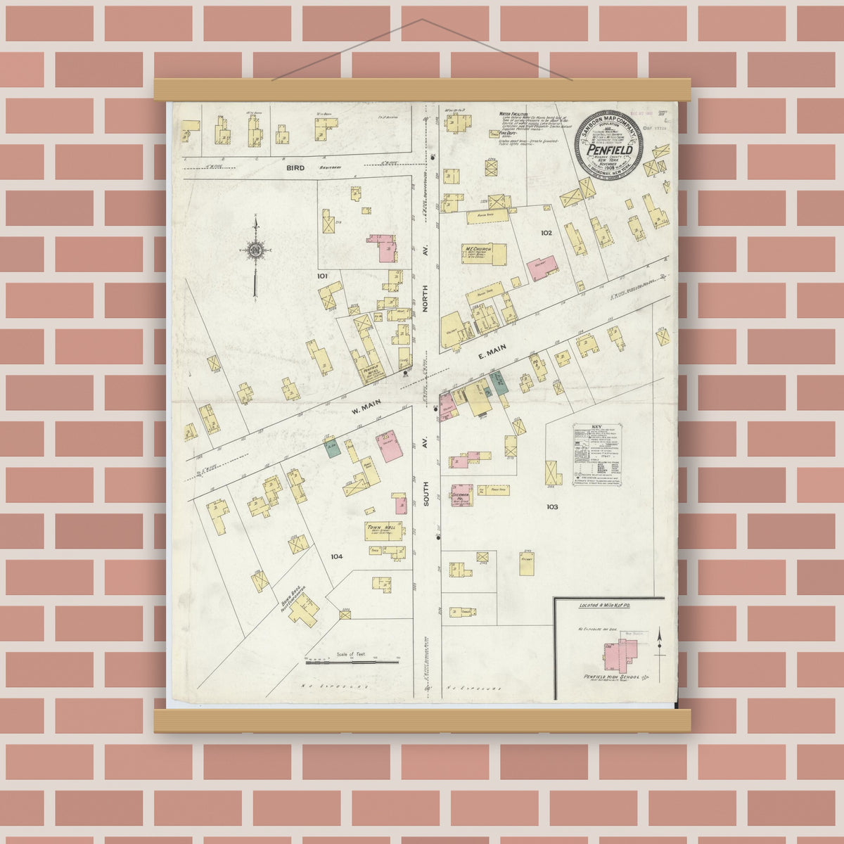 Old map wall art mockup — magnetic wood frame on brick wall — Sanborn Fire Insurance Map from Penfield, Monroe County, New York (1909), Sheet #0001