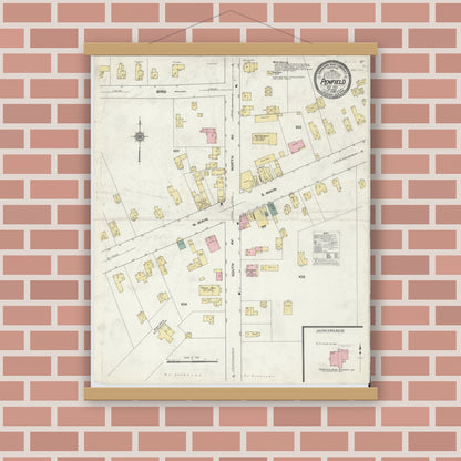 Old map wall art mockup — magnetic wood frame on brick wall — Sanborn Fire Insurance Map from Penfield, Monroe County, New York (1909), Sheet #0001
