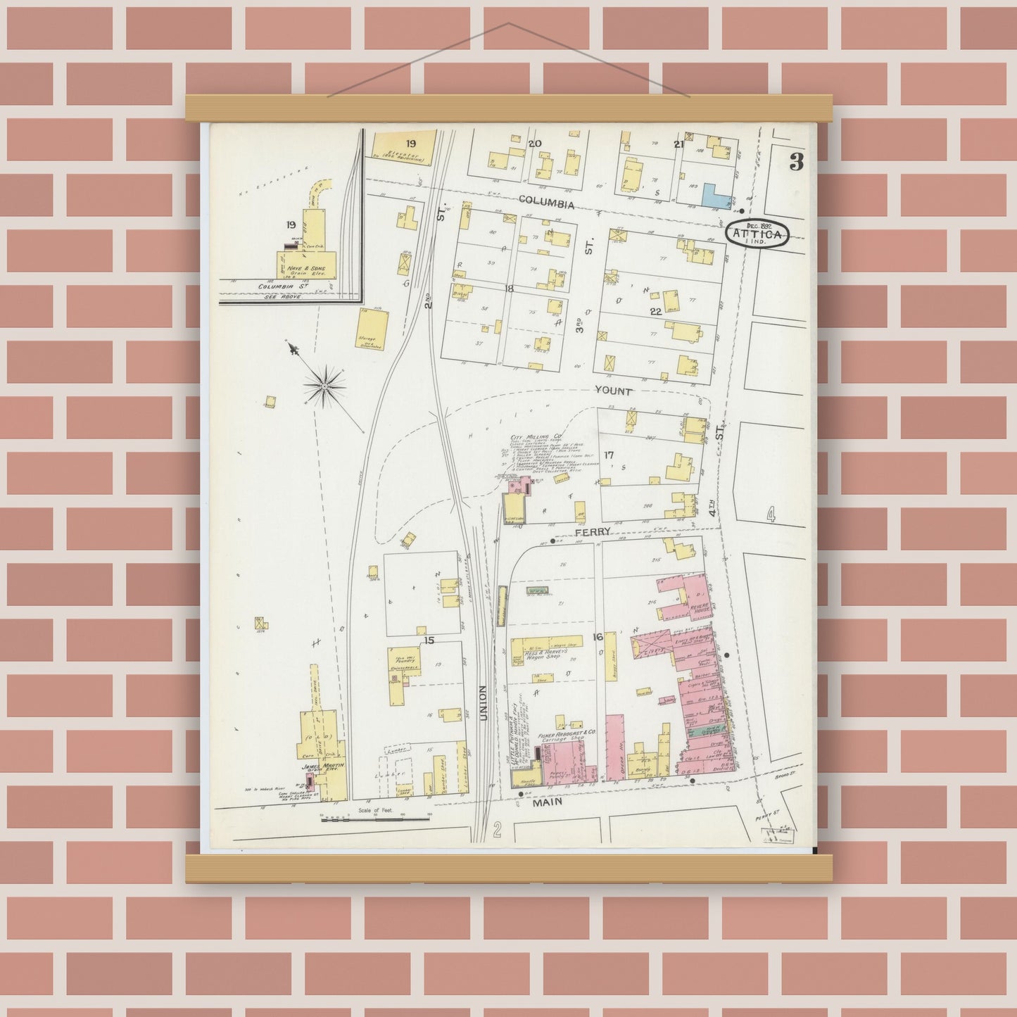 Old map wall art mockup — magnetic wood frame on brick wall — Sanborn Fire Insurance Map from Attica, Fountain County, Indiana (1892), Sheet #0003