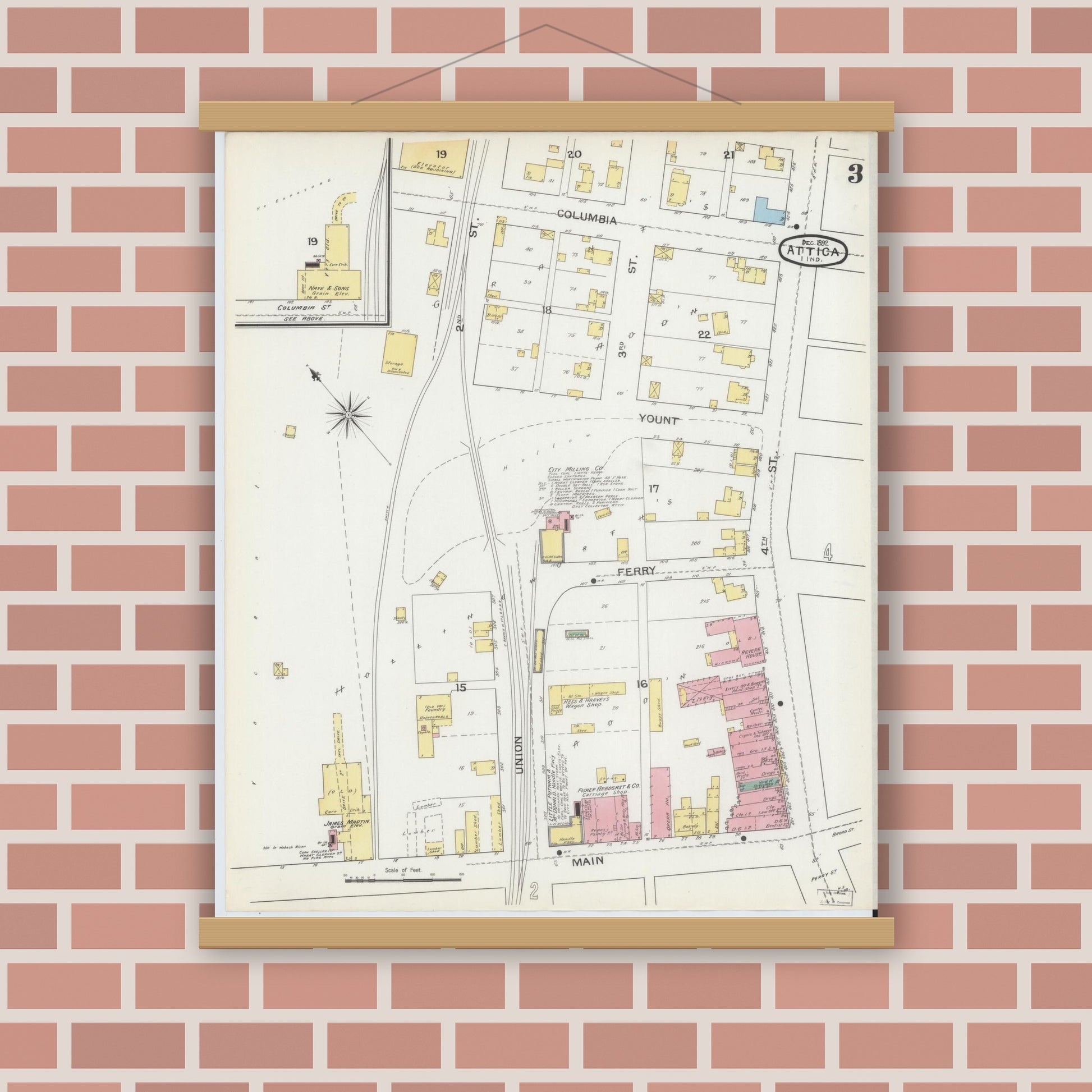 Old map wall art mockup — magnetic wood frame on brick wall — Sanborn Fire Insurance Map from Attica, Fountain County, Indiana (1892), Sheet #0003