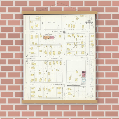 Old map wall art mockup — magnetic wood frame on brick wall — Sanborn Fire Insurance Map from Monmouth, Warren County, Illinois (1913), Sheet #0006