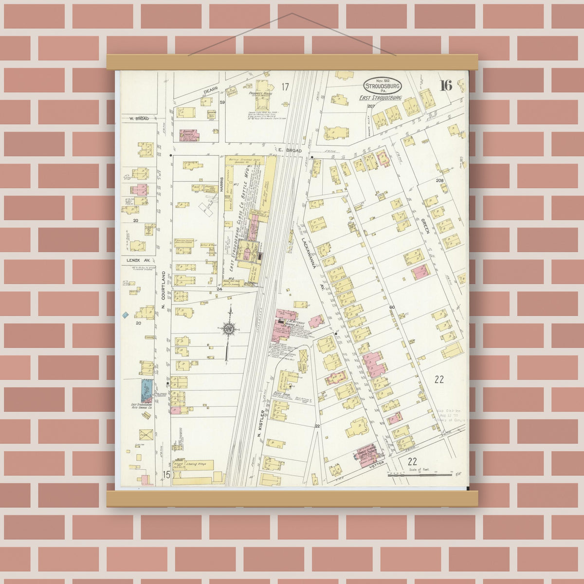 Old map wall art mockup — magnetic wood frame on brick wall — Sanborn Fire Insurance Map from Stroudsburg, Monroe County, Pennsylvania (1912), Sheet #0016