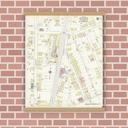 Old map wall art mockup — magnetic wood frame on brick wall — Sanborn Fire Insurance Map from Stroudsburg, Monroe County, Pennsylvania (1912), Sheet #0016