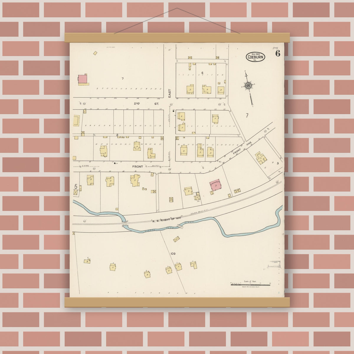 Old map wall art mockup — magnetic wood frame on brick wall — Sanborn Fire Insurance Map from Coeburn, Wise County, Virginia (1922), Sheet #0006