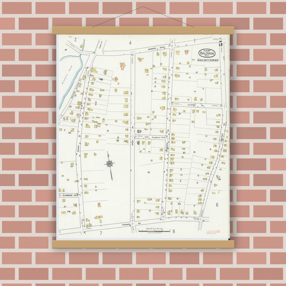 Old map wall art mockup — magnetic wood frame on brick wall — Sanborn Fire Insurance Map from Baldwin, Nassau County, New York (1917), Sheet #0005
