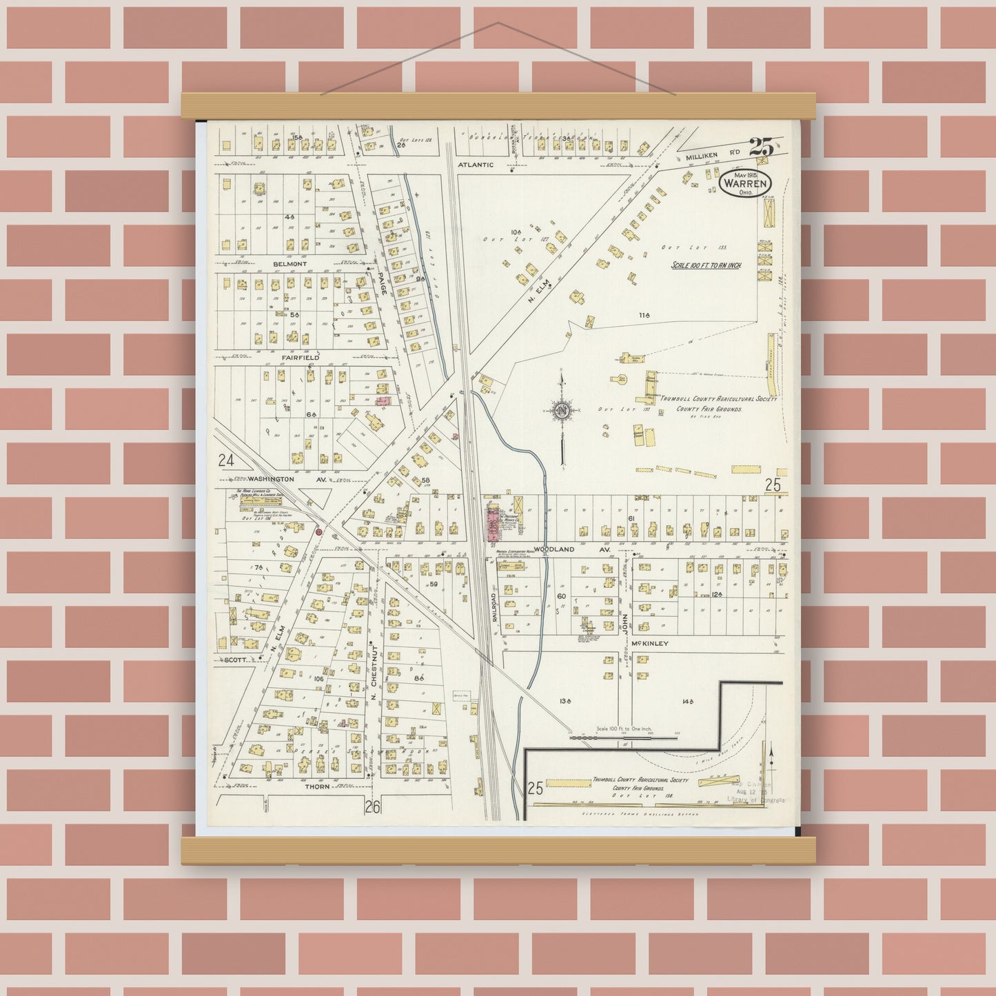 Old map wall art mockup — magnetic wood frame on brick wall — Sanborn Fire Insurance Map from Warren, Trumbull County, Ohio (1915), Sheet #0025