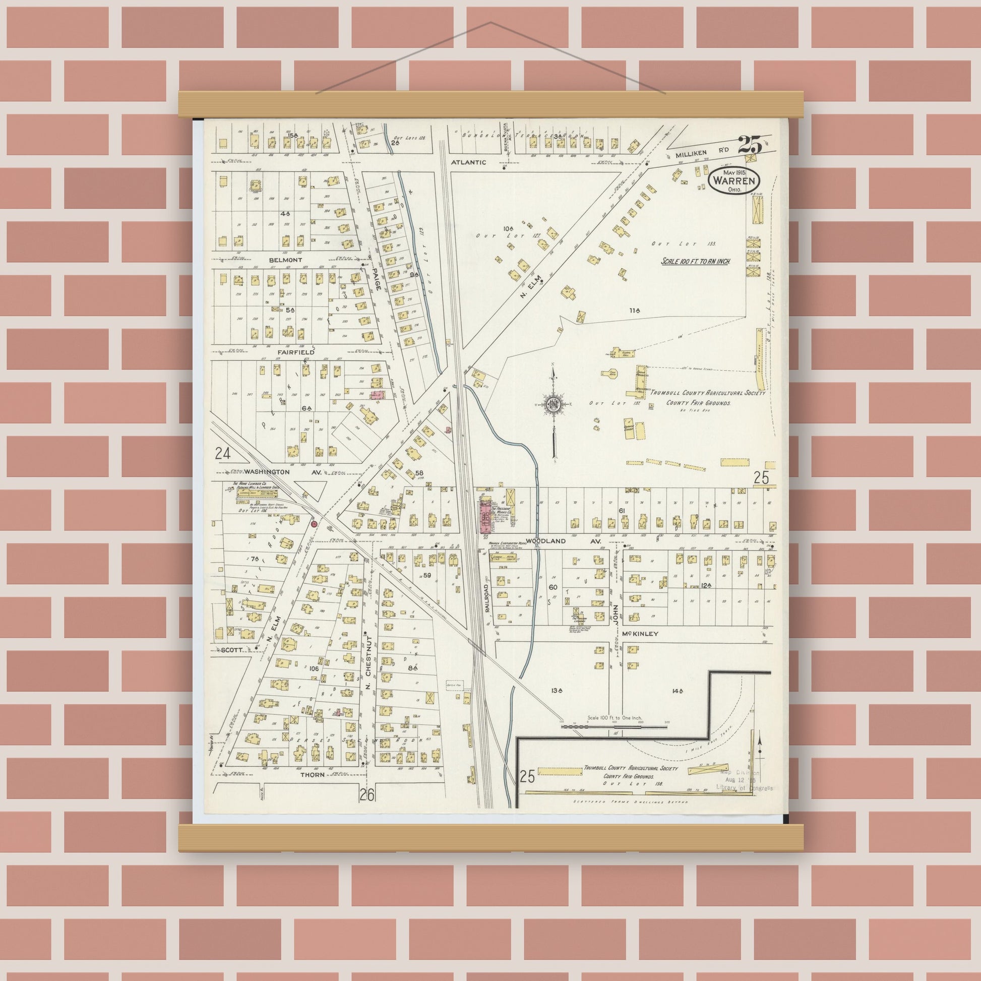 Old map wall art mockup — magnetic wood frame on brick wall — Sanborn Fire Insurance Map from Warren, Trumbull County, Ohio (1915), Sheet #0025