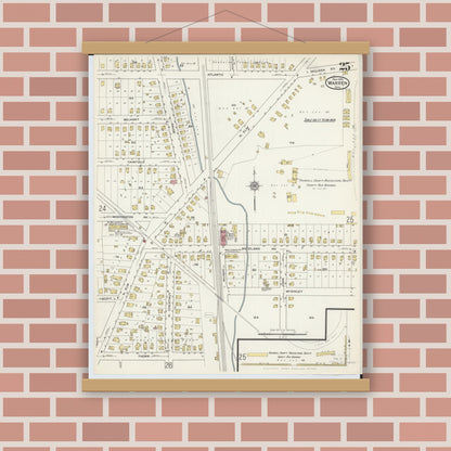 Old map wall art mockup — magnetic wood frame on brick wall — Sanborn Fire Insurance Map from Warren, Trumbull County, Ohio (1915), Sheet #0025
