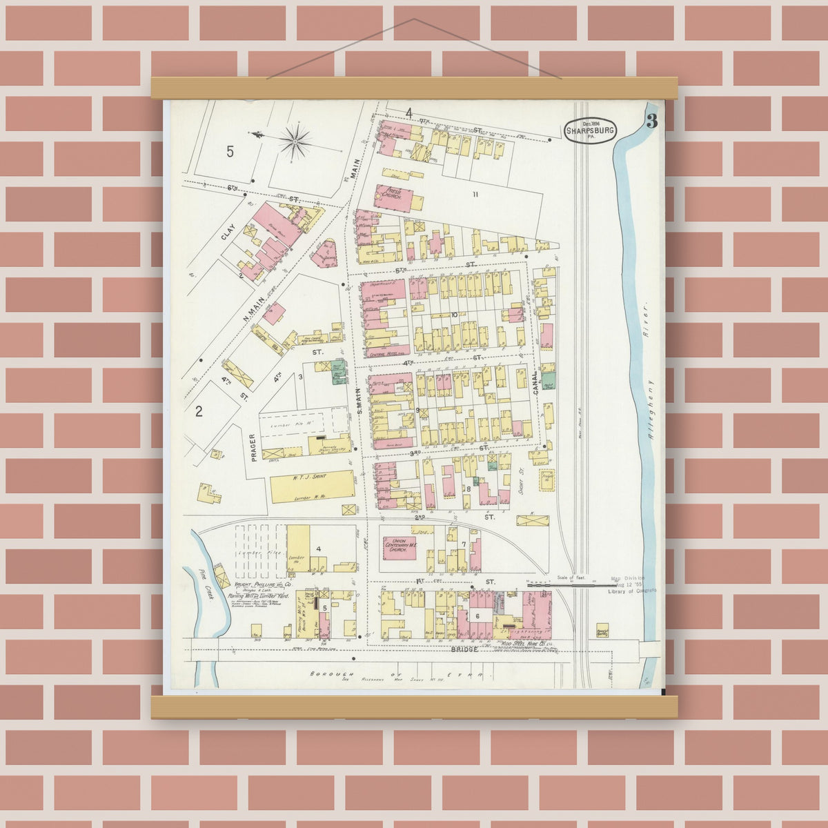 Old map wall art mockup — magnetic wood frame on brick wall — Sanborn Fire Insurance Map from Sharpsburg, Allegheny County, Pennsylvania (1896), Sheet #0003