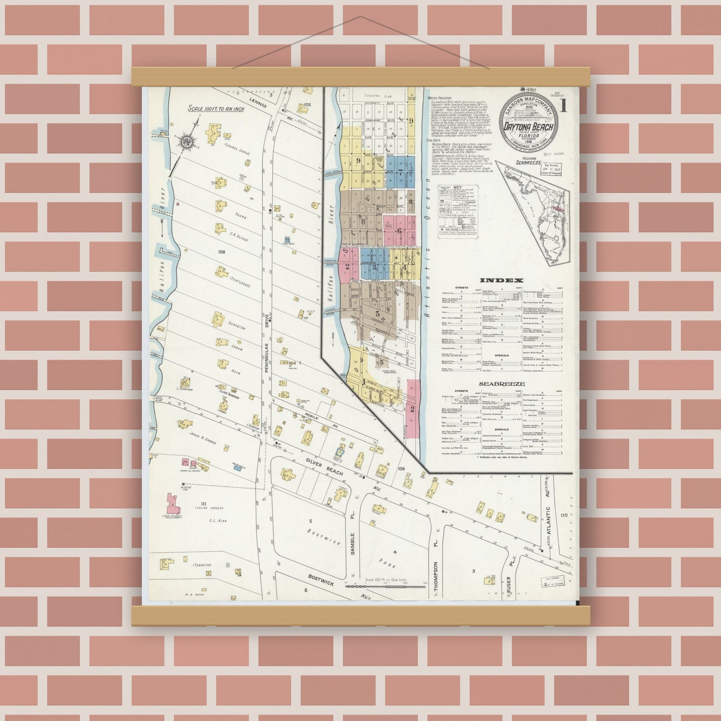 Old map wall art mockup — magnetic wood frame on brick wall — Sanborn Fire Insurance Map from Daytona Beach, Volusia County, Florida (1916) - Complete Map Set