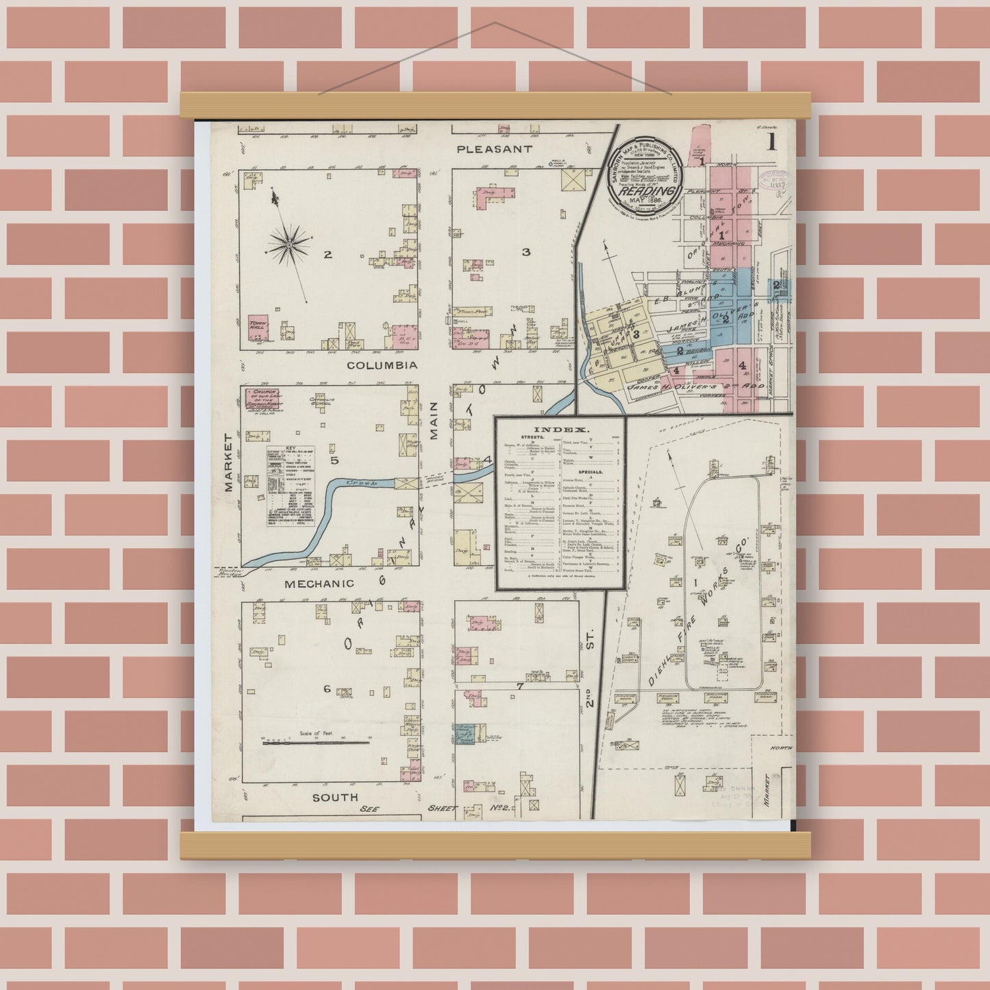 Old map wall art mockup — magnetic wood frame on brick wall — Sanborn Fire Insurance Map from Reading, Hamilton County, Ohio (1886), Sheet #0001