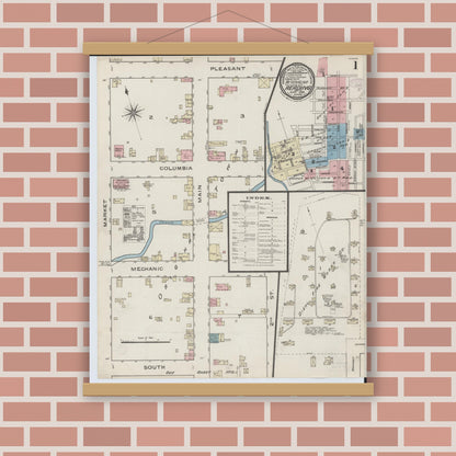 Old map wall art mockup — magnetic wood frame on brick wall — Sanborn Fire Insurance Map from Reading, Hamilton County, Ohio (1886), Sheet #0001