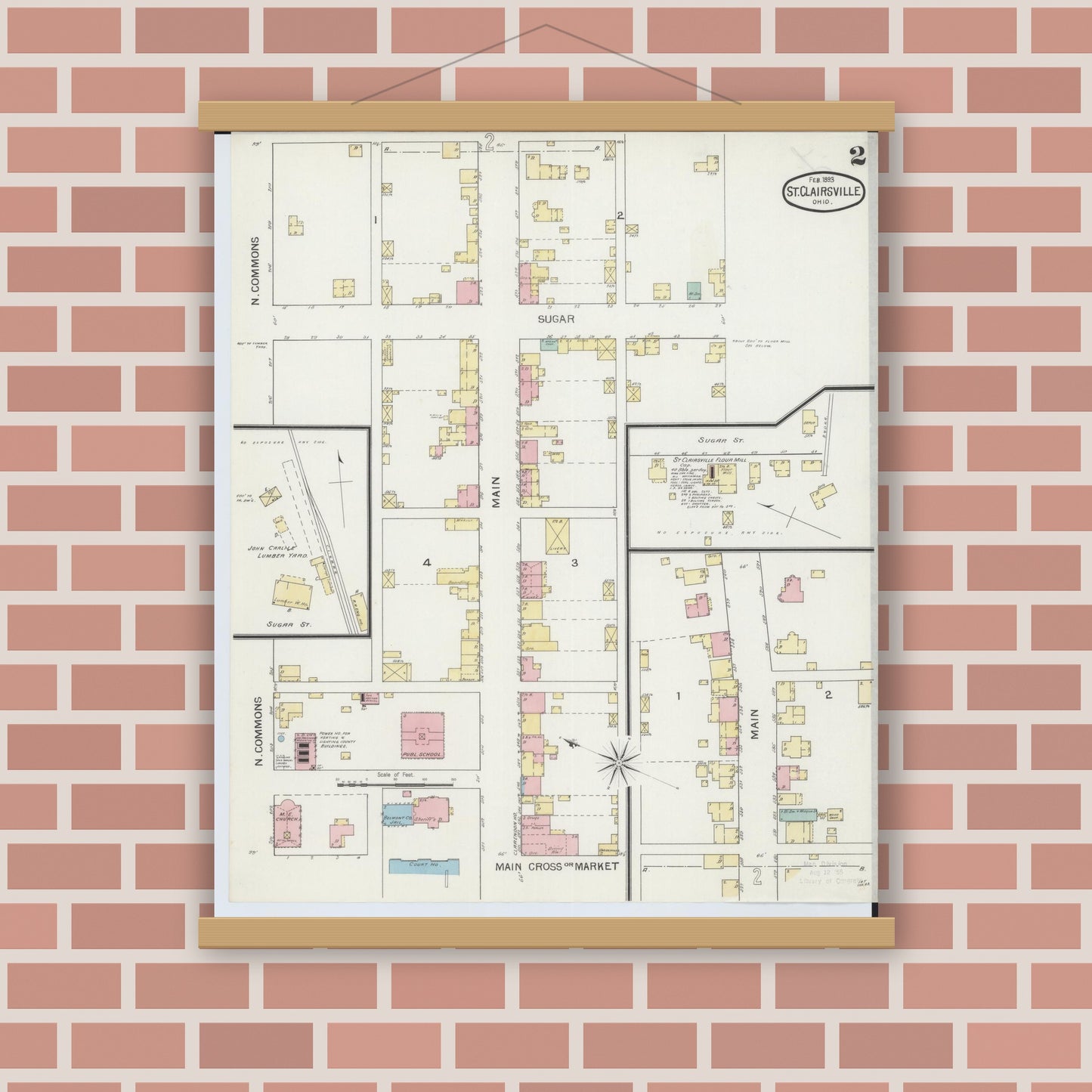 Old map wall art mockup — magnetic wood frame on brick wall — Sanborn Fire Insurance Map from Saint Clairsville, Belmont County, Ohio (1893), Sheet #0002