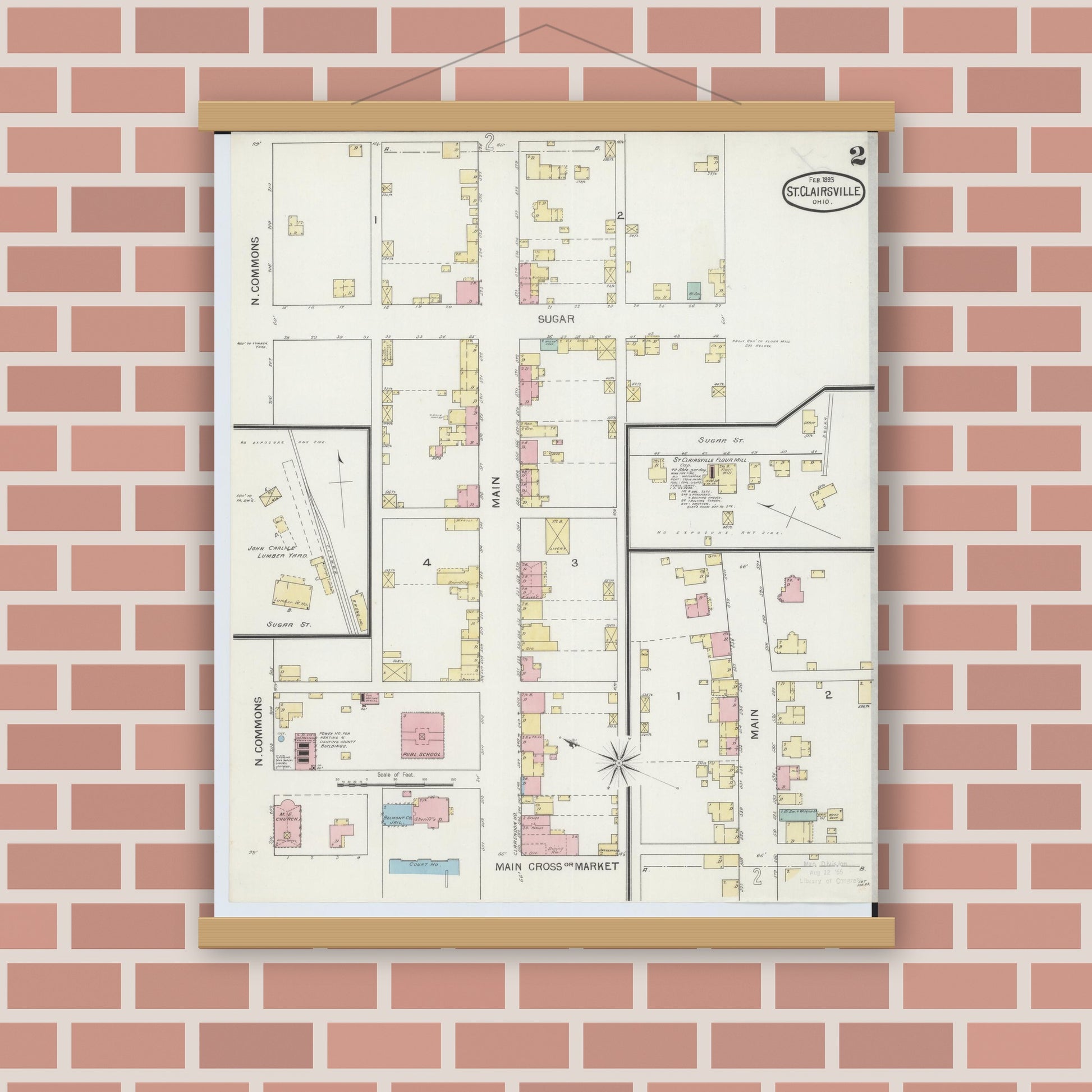 Old map wall art mockup — magnetic wood frame on brick wall — Sanborn Fire Insurance Map from Saint Clairsville, Belmont County, Ohio (1893), Sheet #0002