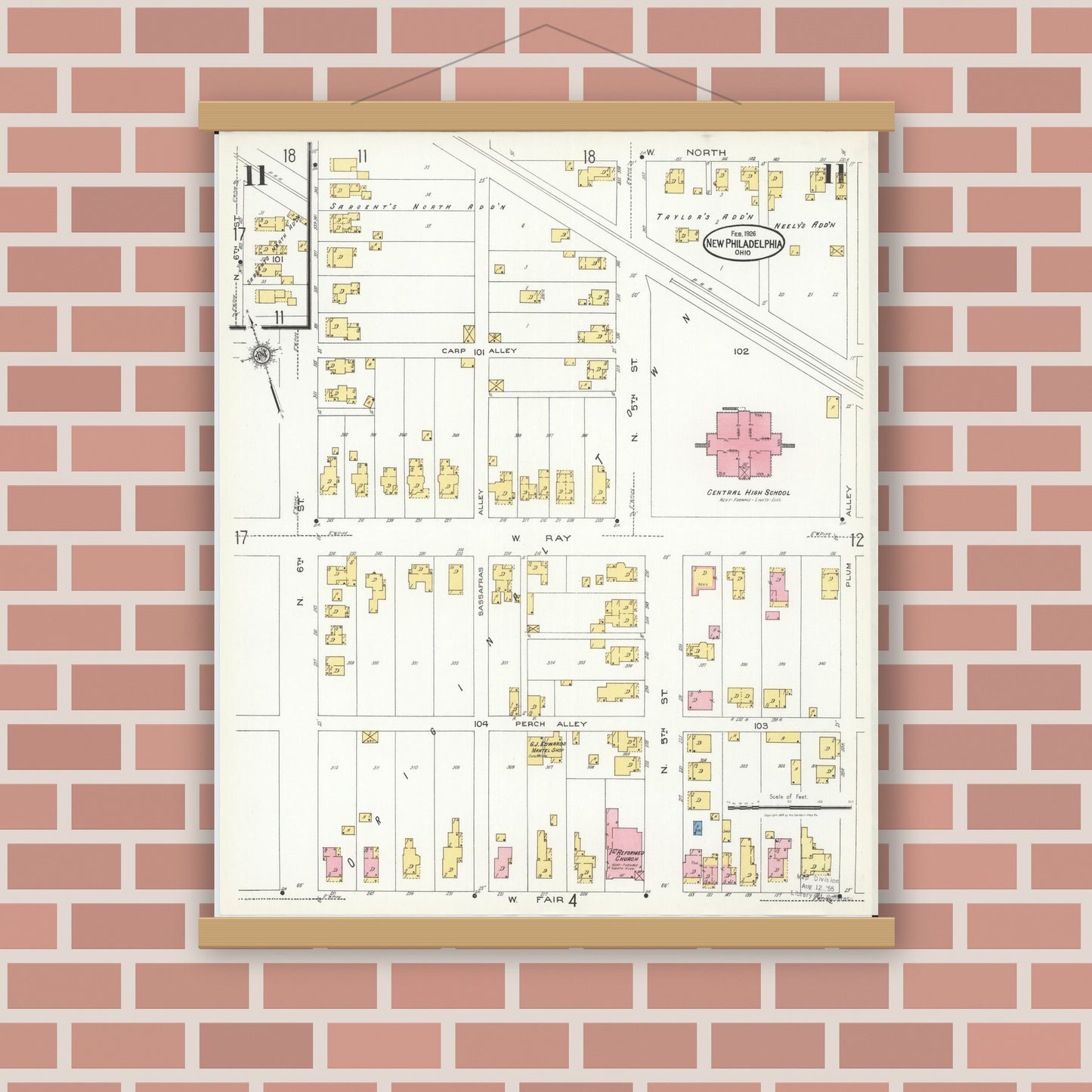 Old map wall art mockup — magnetic wood frame on brick wall — Sanborn Fire Insurance Map from New Philadelphia, Tuscarawas County, Ohio (1926), Sheet #0011