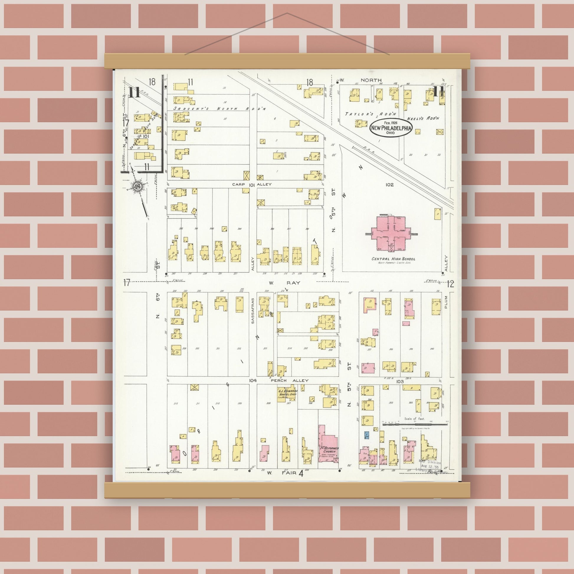 Old map wall art mockup — magnetic wood frame on brick wall — Sanborn Fire Insurance Map from New Philadelphia, Tuscarawas County, Ohio (1926), Sheet #0011