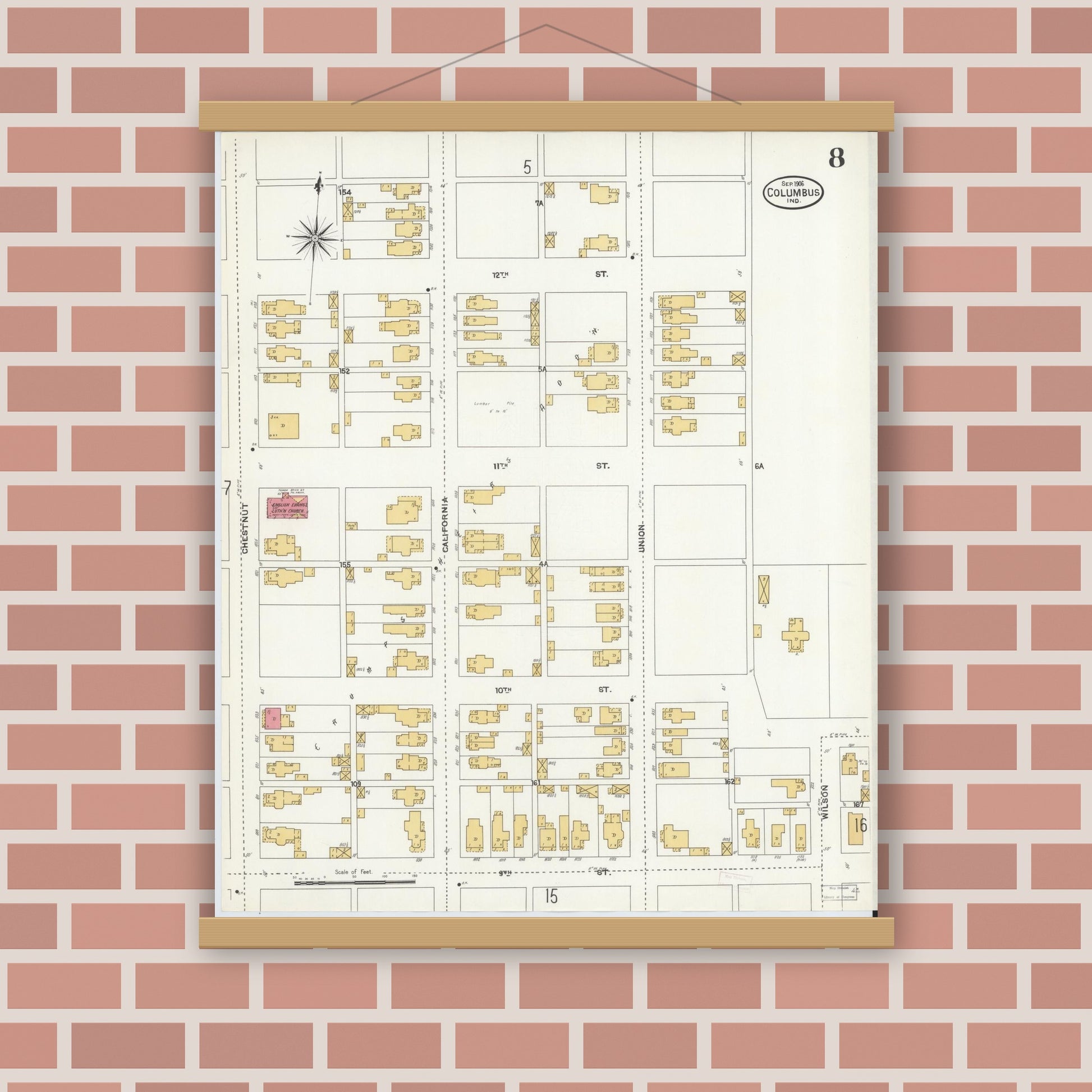 Old map wall art mockup — magnetic wood frame on brick wall — Sanborn Fire Insurance Map from Columbus, Bartholomew County, Indiana (1906), Sheet #0008