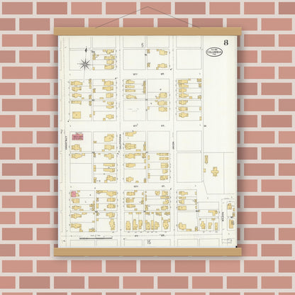 Old map wall art mockup — magnetic wood frame on brick wall — Sanborn Fire Insurance Map from Columbus, Bartholomew County, Indiana (1906), Sheet #0008