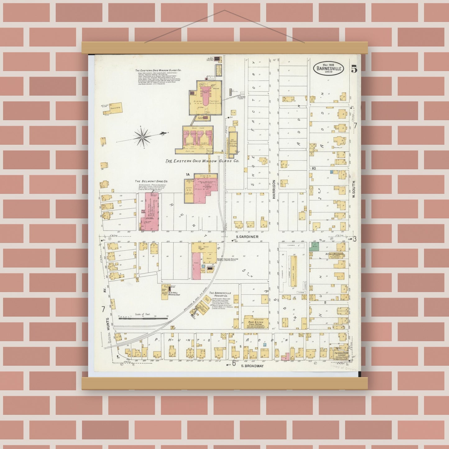 Old map wall art mockup — magnetic wood frame on brick wall — Sanborn Fire Insurance Map from Barnesville, Belmont County, Ohio (1908), Sheet #0005