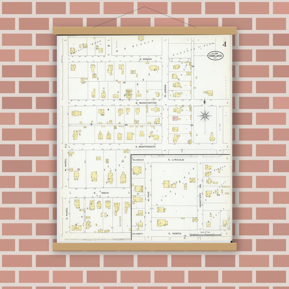 Old map wall art mockup — magnetic wood frame on brick wall — Sanborn Fire Insurance Map from Oakland, Coles County, Illinois (1909), Sheet #0004