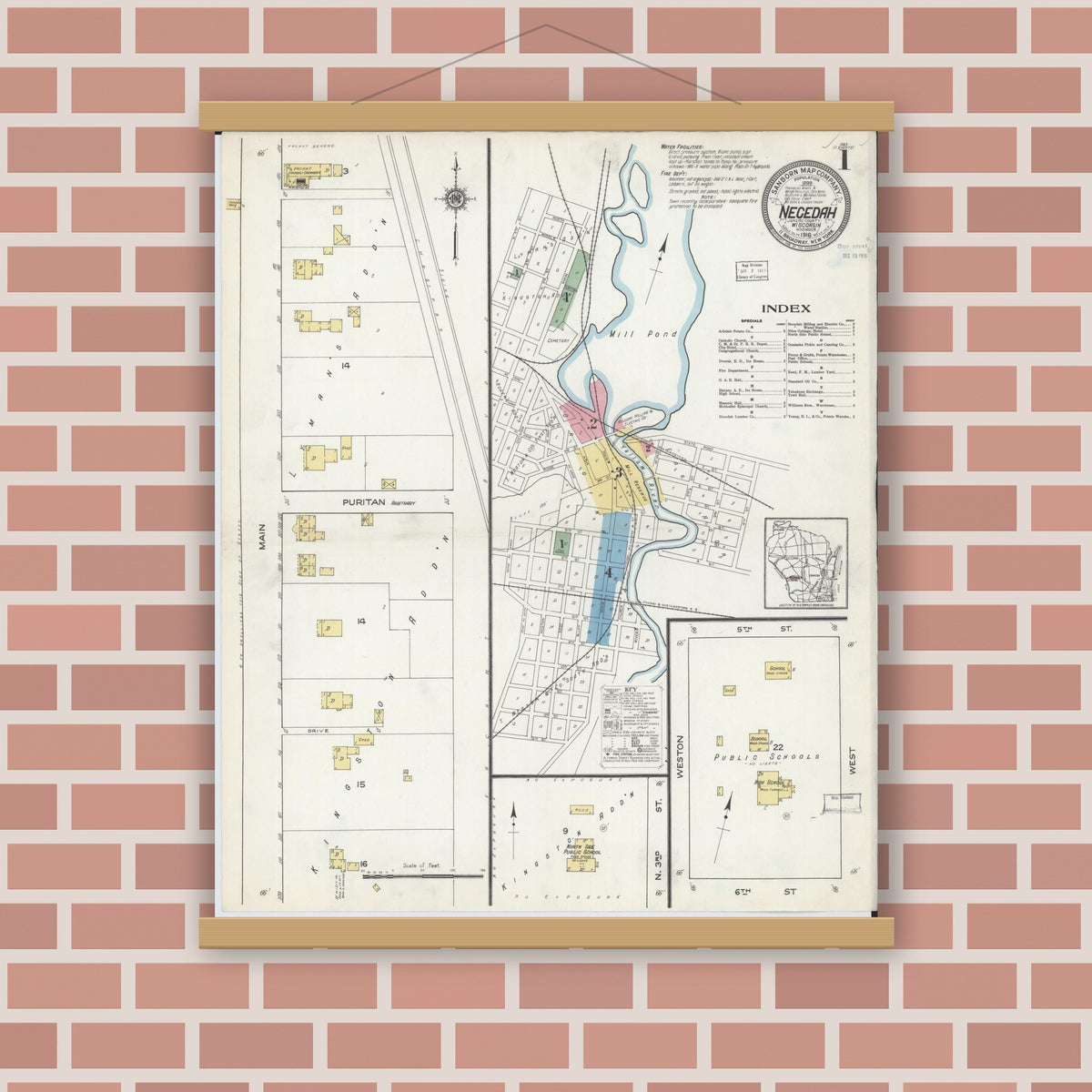 Old map wall art mockup — magnetic wood frame on brick wall — Sanborn Fire Insurance Map from Necedah, Juneau County, Wisconsin (1916), Sheet #0001