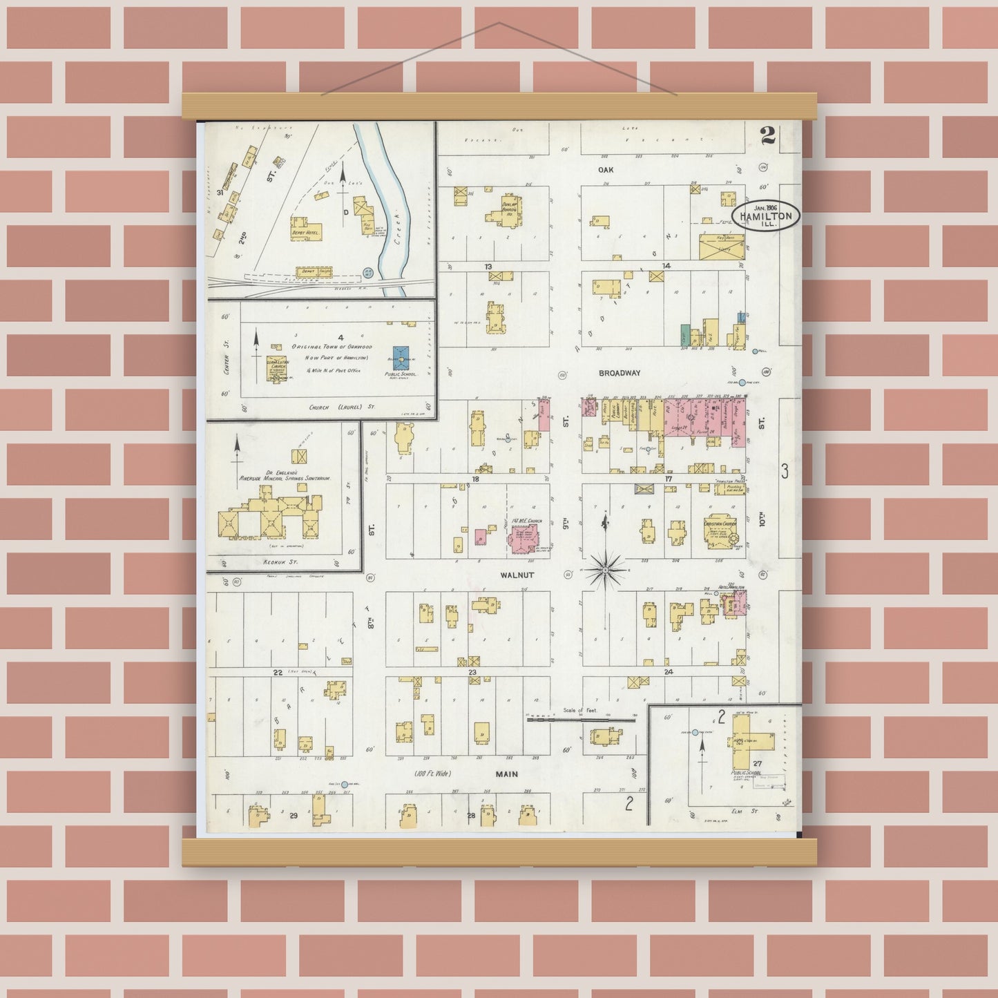 Old map wall art mockup — magnetic wood frame on brick wall — Sanborn Fire Insurance Map from Hamilton, Hancock County, Illinois (1906), Sheet #0002