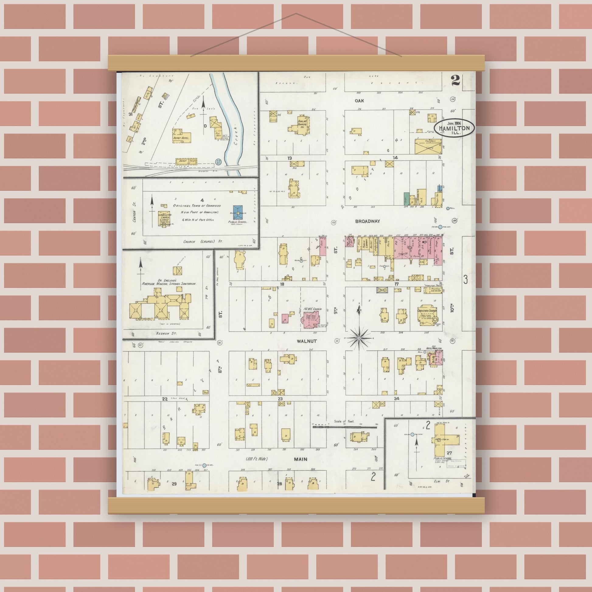 Old map wall art mockup — magnetic wood frame on brick wall — Sanborn Fire Insurance Map from Hamilton, Hancock County, Illinois (1906), Sheet #0002