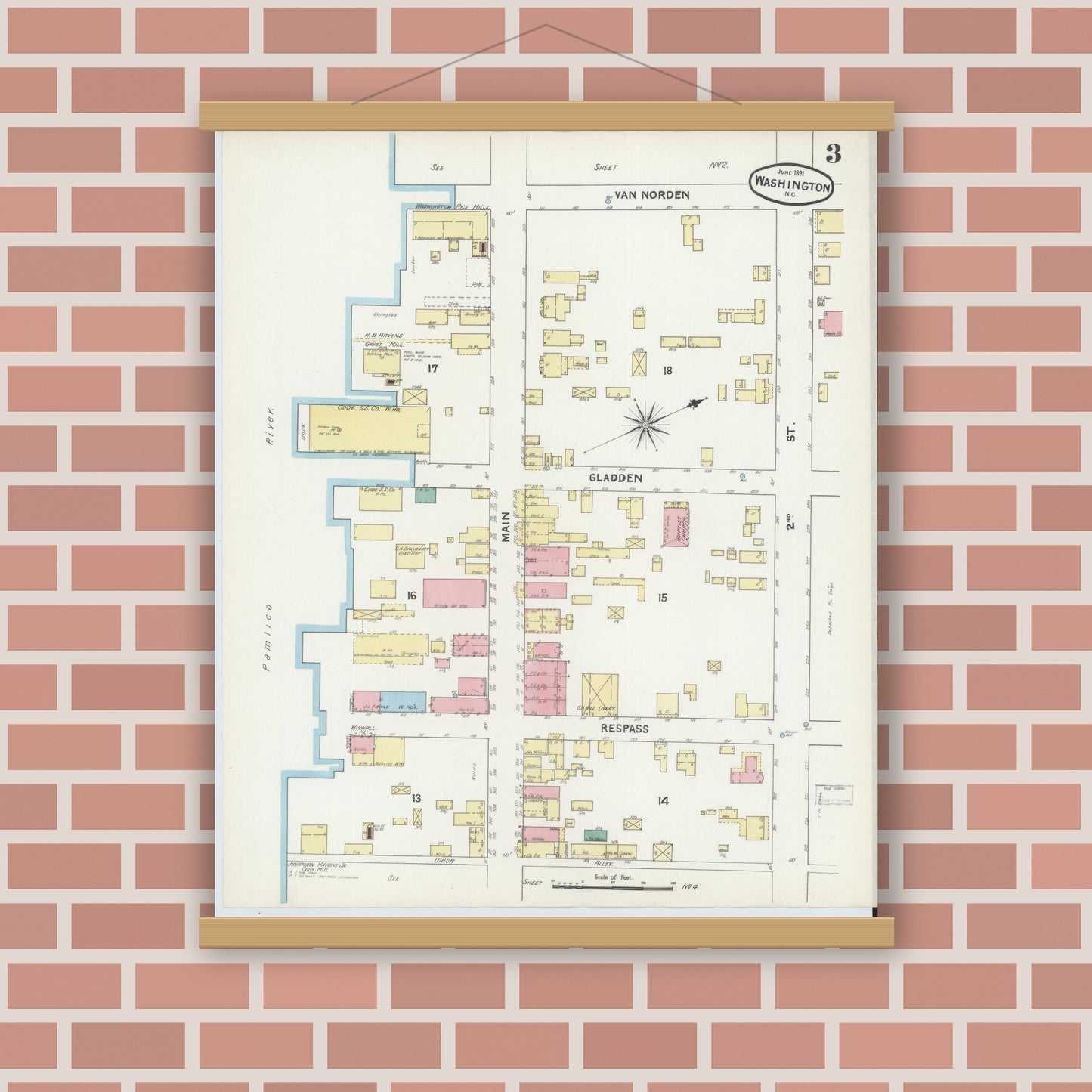 Old map wall art mockup — magnetic wood frame on brick wall — Sanborn Fire Insurance Map from Washington, Beaufort County, North Carolina (1891), Sheet #0003