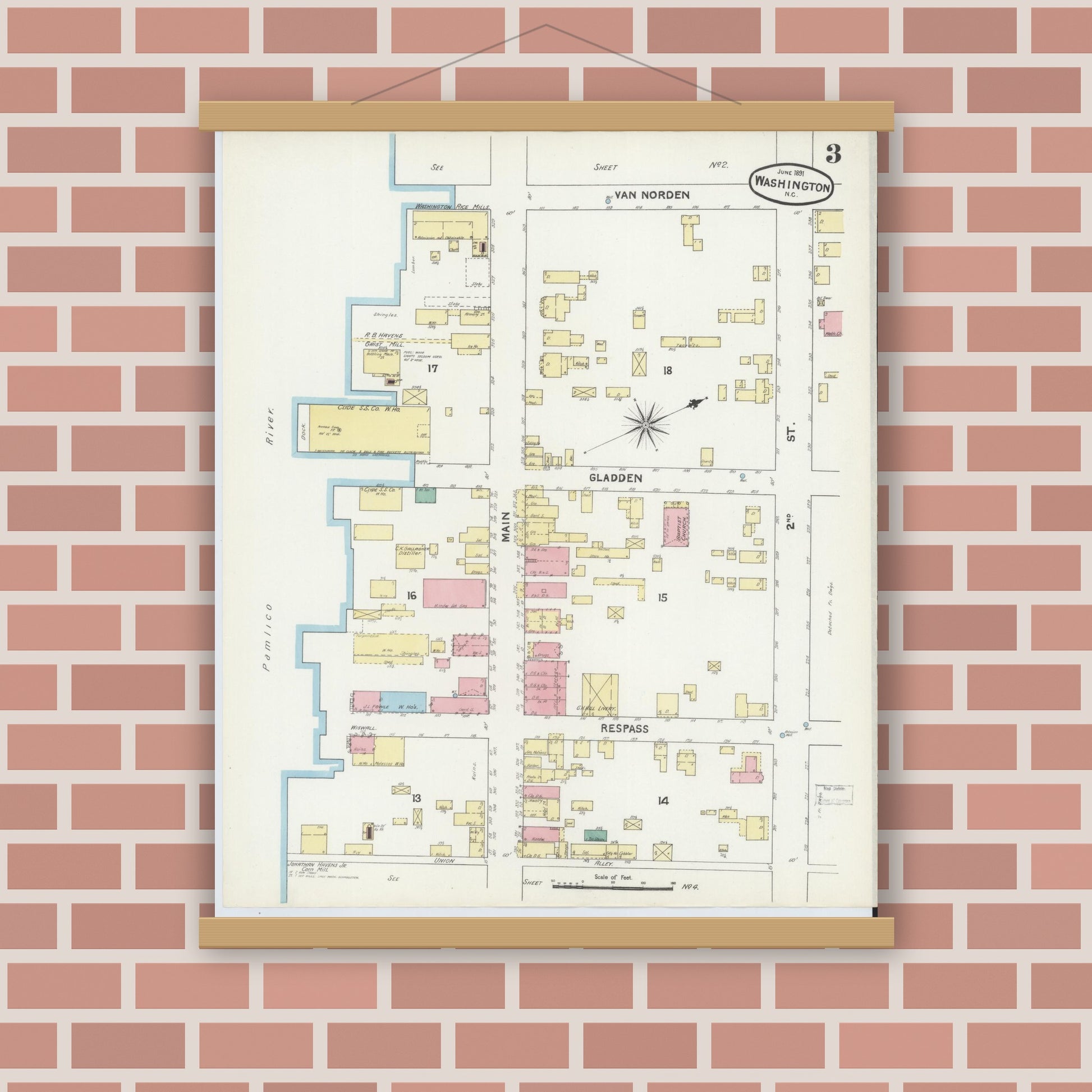 Old map wall art mockup — magnetic wood frame on brick wall — Sanborn Fire Insurance Map from Washington, Beaufort County, North Carolina (1891), Sheet #0003