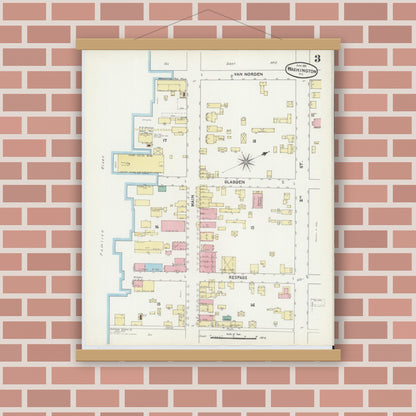 Old map wall art mockup — magnetic wood frame on brick wall — Sanborn Fire Insurance Map from Washington, Beaufort County, North Carolina (1891), Sheet #0003