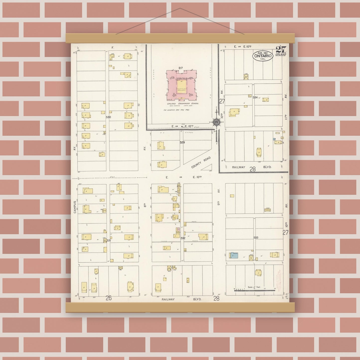 Old map wall art mockup — magnetic wood frame on brick wall — Sanborn Fire Insurance Map from Ontario, San Bernardino County, California (1912), Sheet #0027