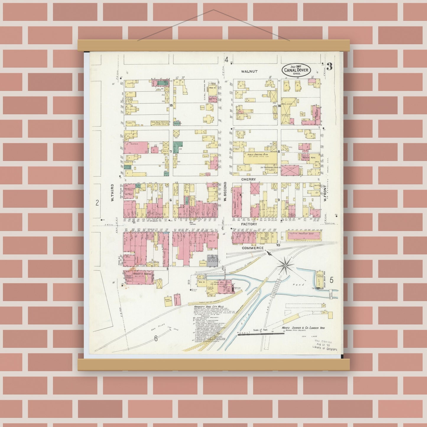 Old map wall art mockup — magnetic wood frame on brick wall — Sanborn Fire Insurance Map from Canal Dover, Tuscarawas County, Ohio (1907), Sheet #0003