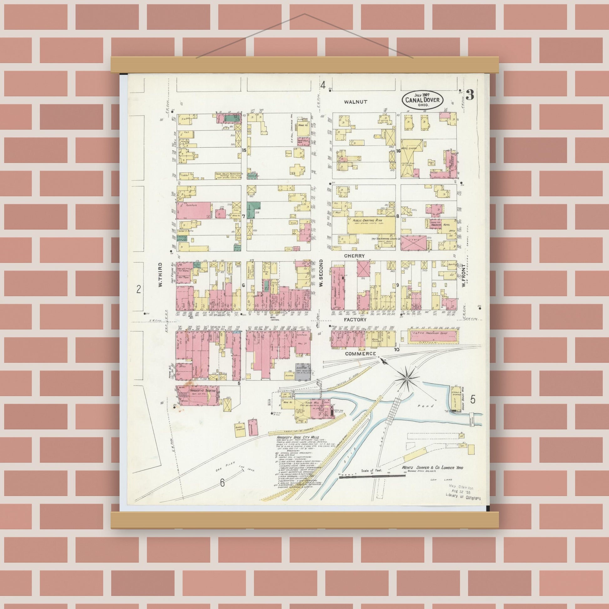 Old map wall art mockup — magnetic wood frame on brick wall — Sanborn Fire Insurance Map from Canal Dover, Tuscarawas County, Ohio (1907), Sheet #0003