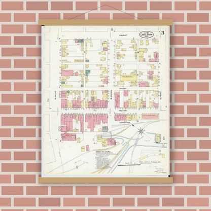 Old map wall art mockup — magnetic wood frame on brick wall — Sanborn Fire Insurance Map from Canal Dover, Tuscarawas County, Ohio (1907), Sheet #0003