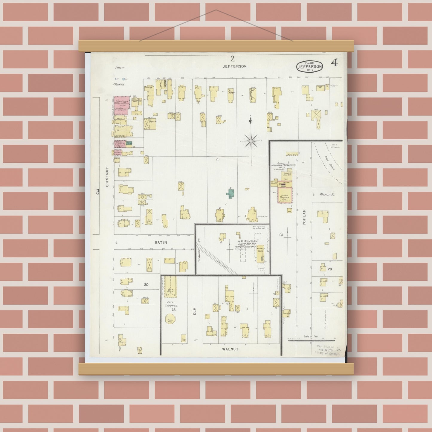 Old map wall art mockup — magnetic wood frame on brick wall — Sanborn Fire Insurance Map from Jefferson, Ashtabula County, Ohio (1896), Sheet #0004