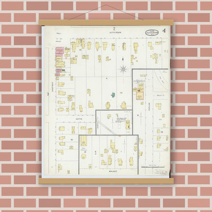 Old map wall art mockup — magnetic wood frame on brick wall — Sanborn Fire Insurance Map from Jefferson, Ashtabula County, Ohio (1896), Sheet #0004