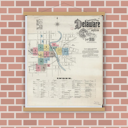 Old map wall art mockup — magnetic wood frame on brick wall — Sanborn Fire Insurance Map from Delaware, Delaware County, Ohio (1895), Sheet #0001