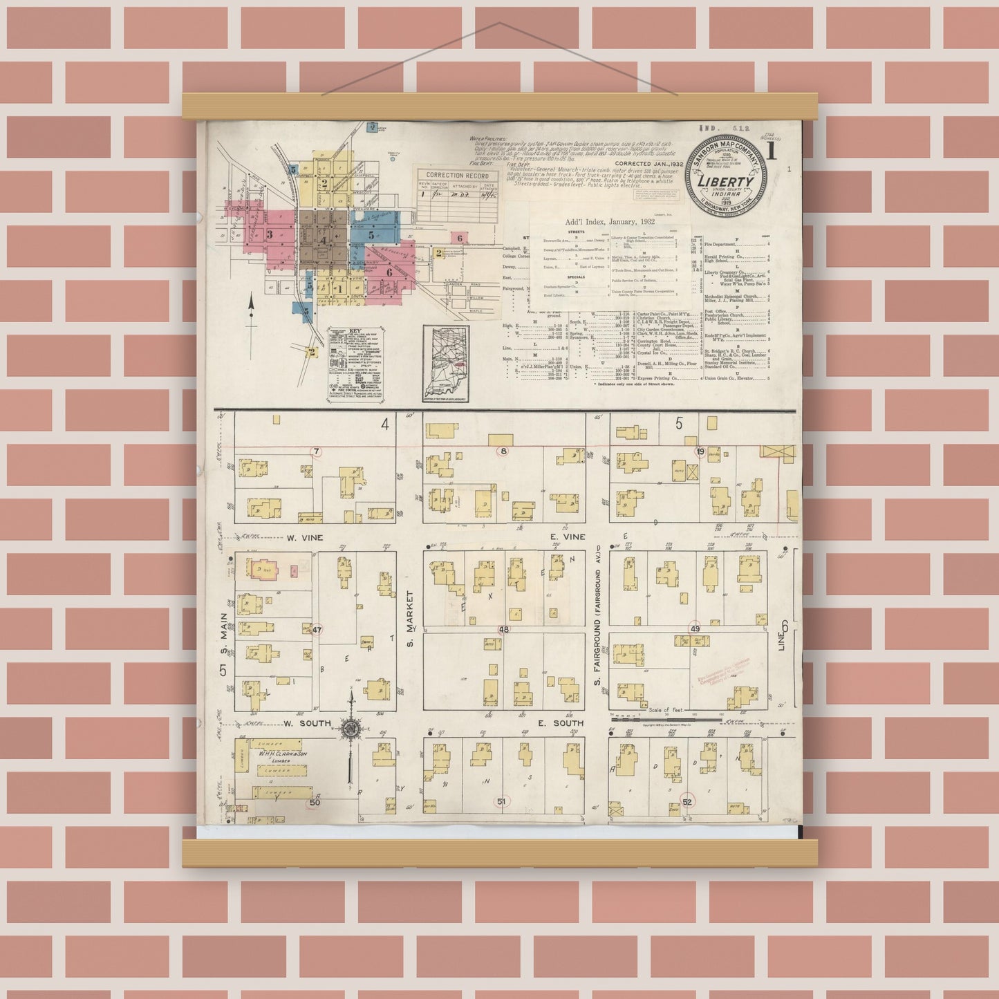 Old map wall art mockup — magnetic wood frame on brick wall — Sanborn Fire Insurance Map from Liberty, Union County, Indiana (1932), Sheet #0001