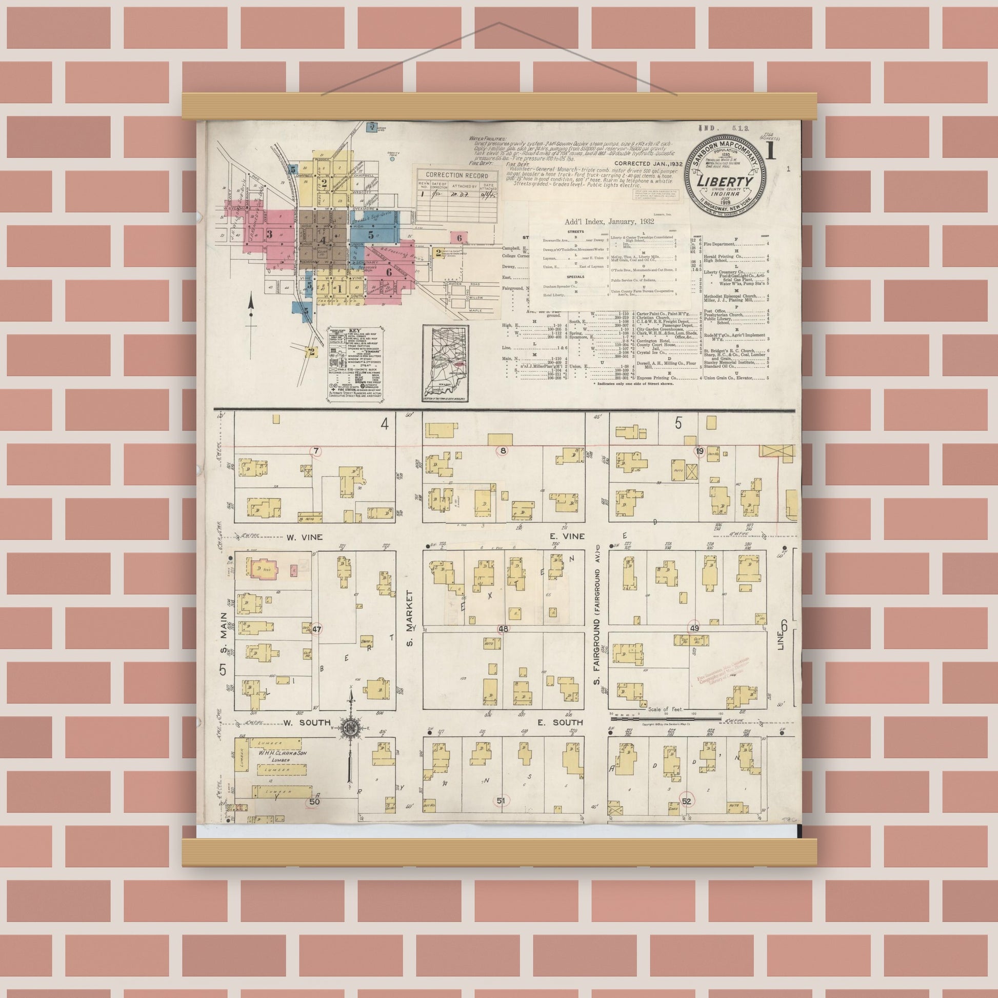 Old map wall art mockup — magnetic wood frame on brick wall — Sanborn Fire Insurance Map from Liberty, Union County, Indiana (1932), Sheet #0001