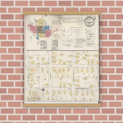 Old map wall art mockup — magnetic wood frame on brick wall — Sanborn Fire Insurance Map from Liberty, Union County, Indiana (1932), Sheet #0001