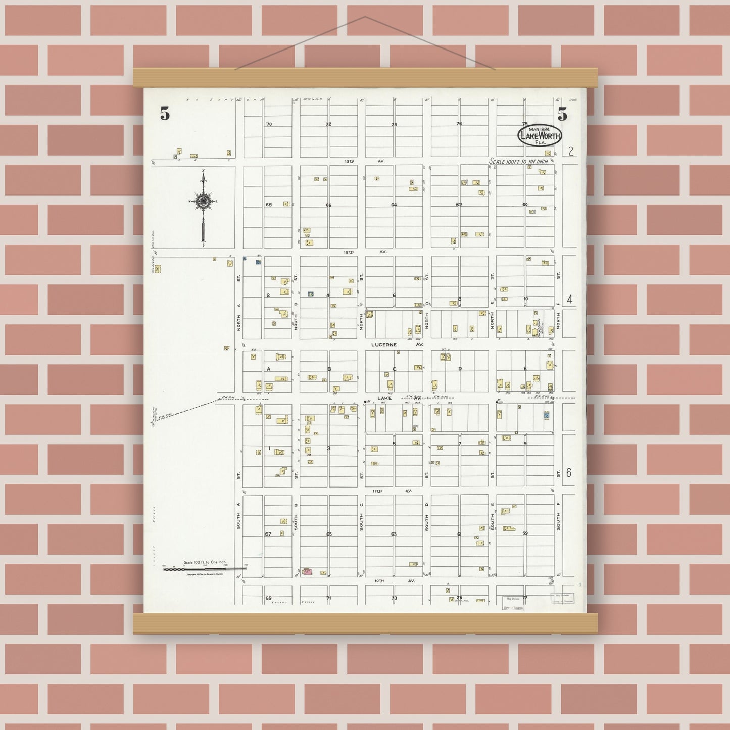 Old map wall art mockup — magnetic wood frame on brick wall — Sanborn Fire Insurance Map from Lake Worth, Palm Beach County, Florida (1924), Sheet #0005