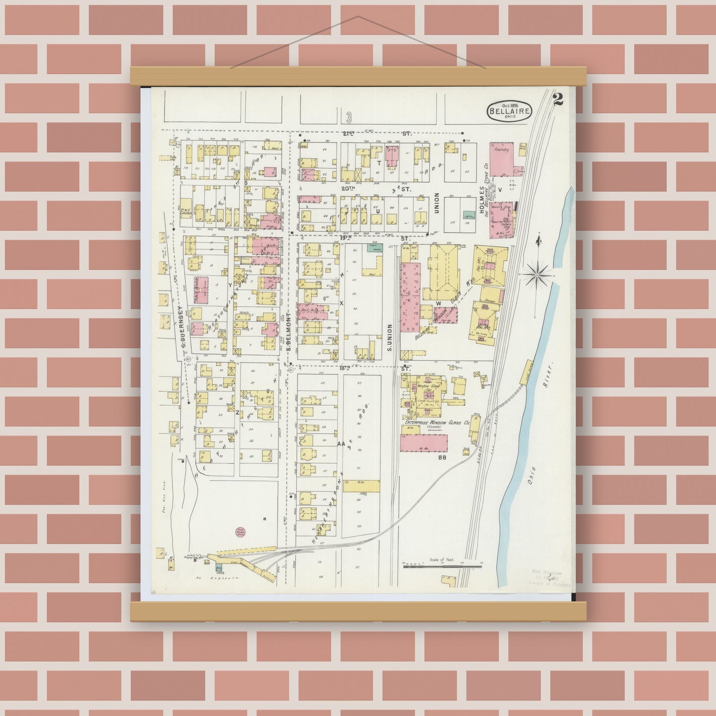Old map wall art mockup — magnetic wood frame on brick wall — Sanborn Fire Insurance Map from Bellaire, Belmont County, Ohio (1895), Sheet #0002