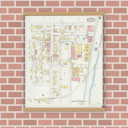 Old map wall art mockup — magnetic wood frame on brick wall — Sanborn Fire Insurance Map from Bellaire, Belmont County, Ohio (1895), Sheet #0002