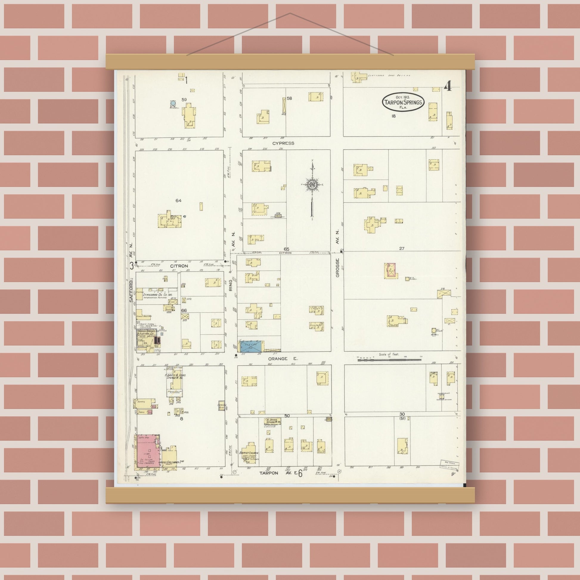Old map wall art mockup — magnetic wood frame on brick wall — Sanborn Fire Insurance Map from Tarpon Springs, Pinellas County, Florida (1913), Sheet #0004