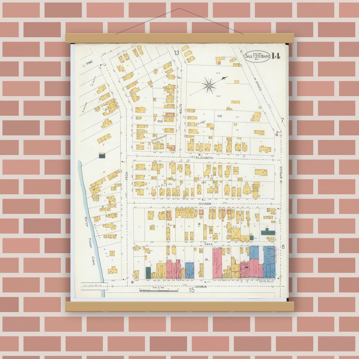 Old map wall art mockup — magnetic wood frame on brick wall — Sanborn Fire Insurance Map from Sault Sainte Marie, Chippewa County, Michigan (1906), Sheet #0014