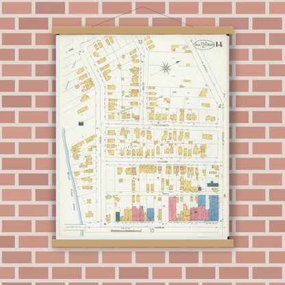 Old map wall art mockup — magnetic wood frame on brick wall — Sanborn Fire Insurance Map from Sault Sainte Marie, Chippewa County, Michigan (1906), Sheet #0014
