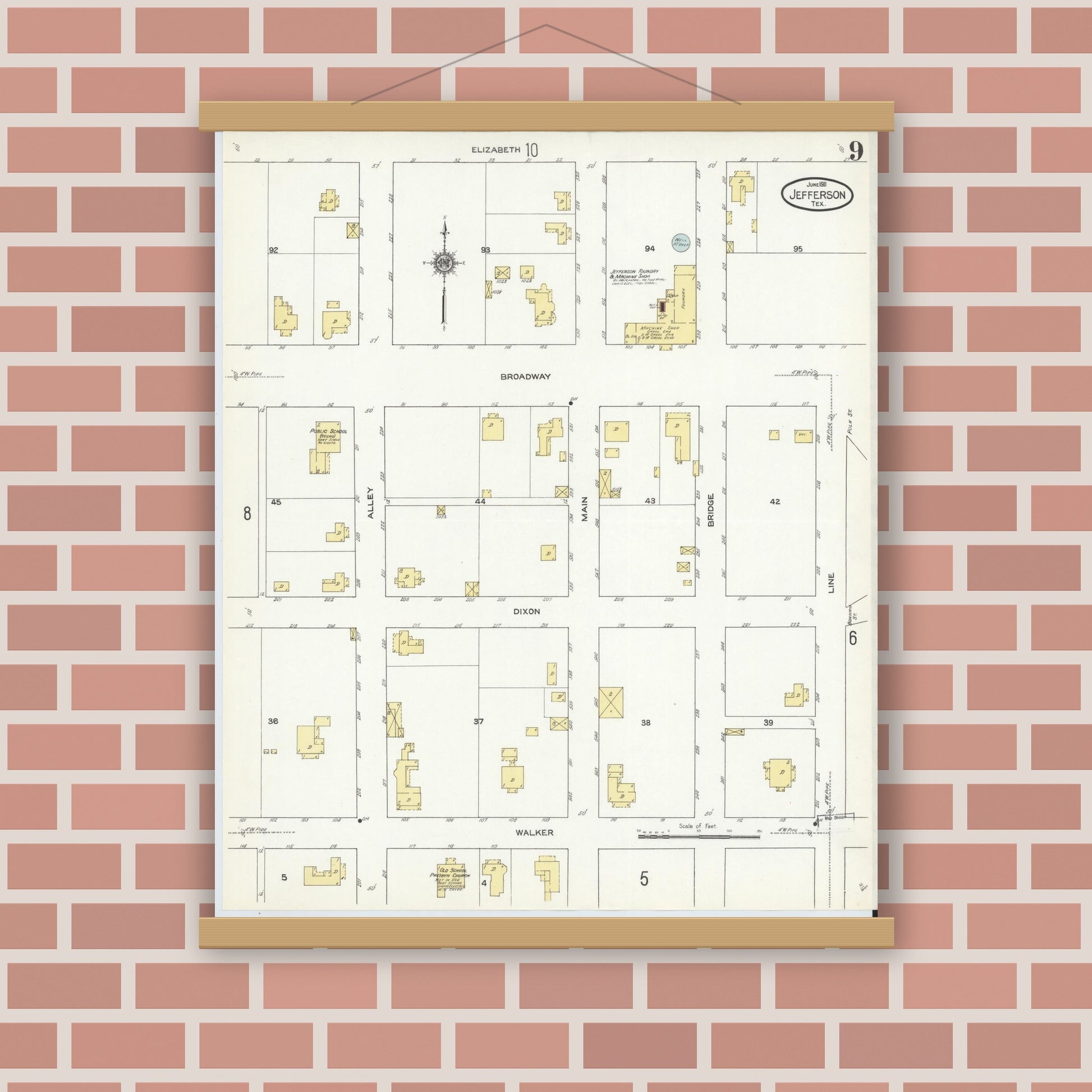 Old map wall art mockup — magnetic wood frame on brick wall — Sanborn Fire Insurance Map from Jefferson, Marion County, Texas (1911), Sheet #0009