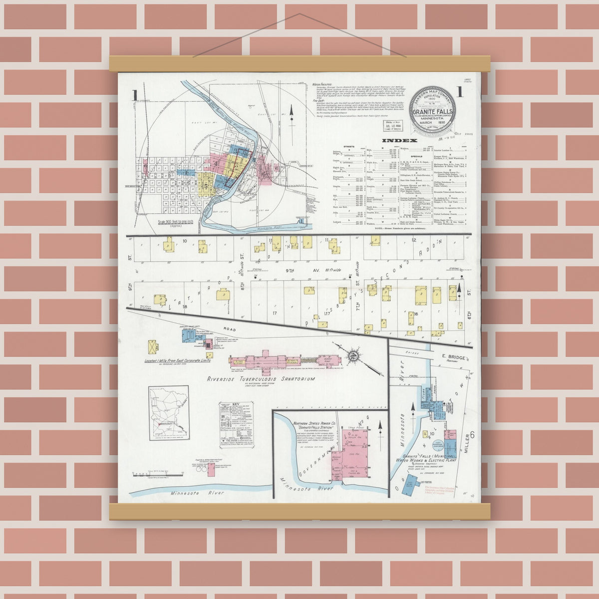 Old map wall art mockup — magnetic wood frame on brick wall — Sanborn Fire Insurance Map from Granite Falls, Yellow Medicine And Chippewa Counties, Minnesota (1930) - Complete Map Set