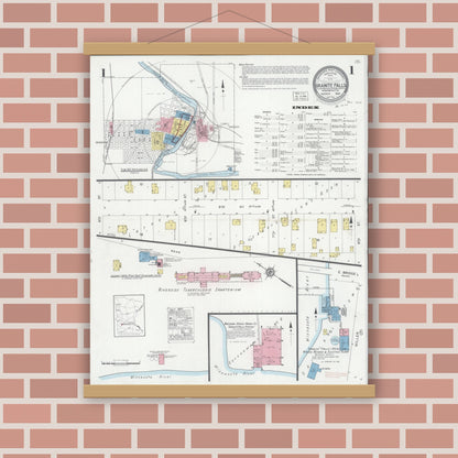 Old map wall art mockup — magnetic wood frame on brick wall — Sanborn Fire Insurance Map from Granite Falls, Yellow Medicine And Chippewa Counties, Minnesota (1930) - Complete Map Set